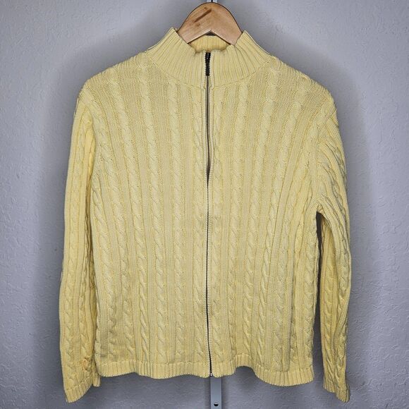 L.L. Bean Women’s Vintage Butter Yellow Cable Knit Cotton Full Zip Sweater Large - Picture 1 of 6